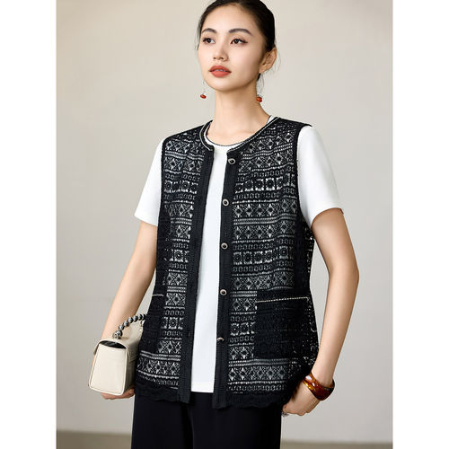 素木时尚蕾丝镂空黑色马甲女2025年夏季新款气质马夹欧货大码上衣