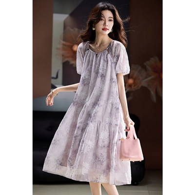 素木2025夏季雪纺高腰中长裙 欧货大码女装紫红印花A字连身裙 街