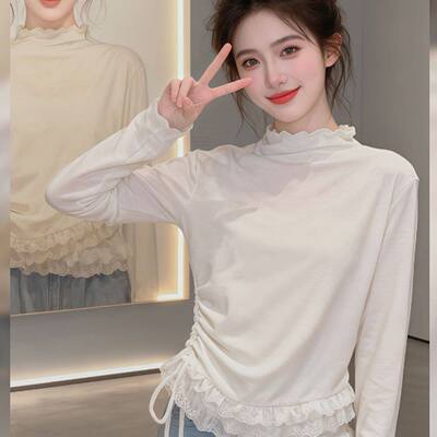 春季2026新款甜美蕾丝木耳边长袖T恤女修身小衫内搭打底衫上衣潮