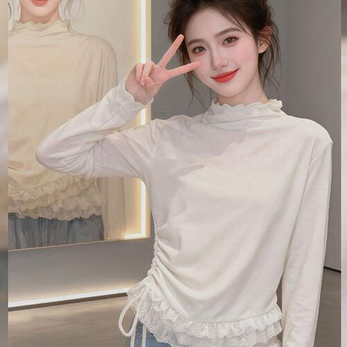 春季2026新款甜美蕾丝木耳边长袖T恤女修身小衫内搭打底衫上衣潮