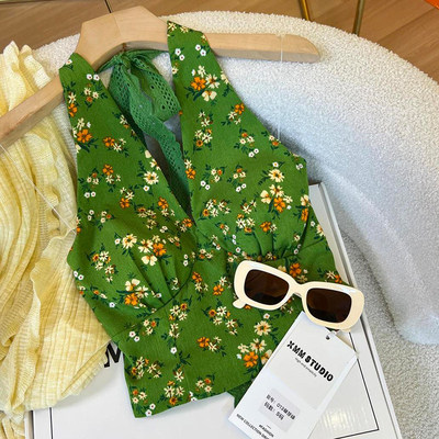 绿色碎花挂脖吊带背心女夏季新款复古气质辣妹V领短款打底衫上衣