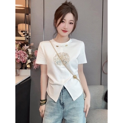 新中式盘扣国风刺绣短袖t恤女2026新款爆款夏季穿搭修身短款上衣