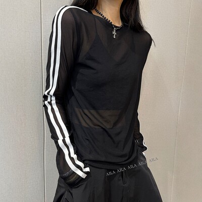 条纹微透薄款网纱防晒t恤女2026春夏季韩版宽松显瘦黑色长袖上衣