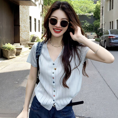 开衫V领镂空薄款冰丝针织衫女2026新款夏季超好看短袖针织上衣女