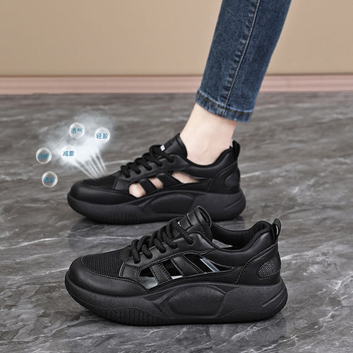 黑色运动鞋女2026新款夏季34码软底不累脚老爹鞋镂空透气凉鞋大码