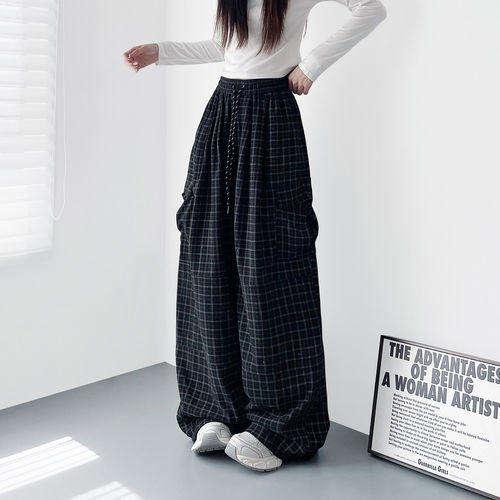 大码垂感软糯格子阔腿裤女秋季新款梨型身材胖mm慵懒松弛感工装裤