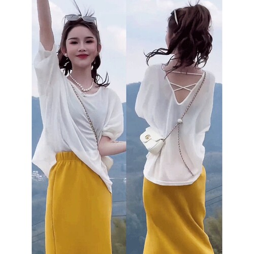 防晒衫长袖t恤女2025新款夏季露背薄款镂空外搭防晒罩衫薄纱上衣