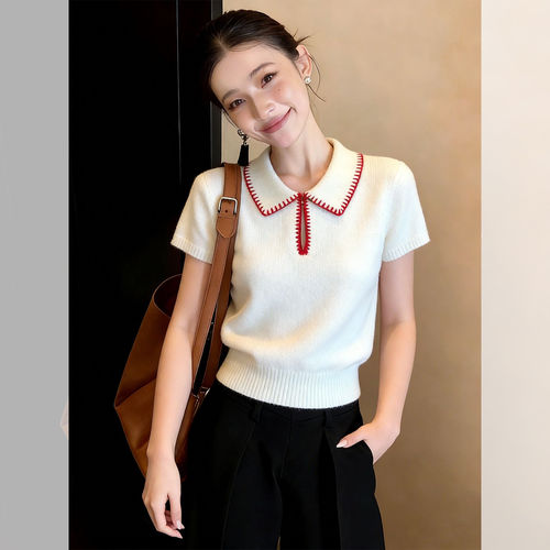 白色polo领简约宽松软糯短袖毛针织衫2026夏季韩系漂亮百搭上衣女
