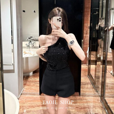 重工钉珠亮片性感斜露肩背心上衣春夏新款修身显瘦抹胸无袖上衣女