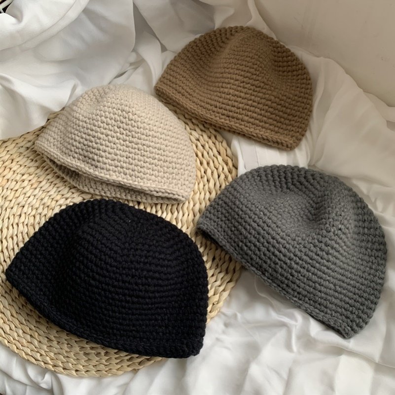 冬季保暖毛线帽男女通用针织帽粗线手工收边包头和尚帽短款瓜皮帽