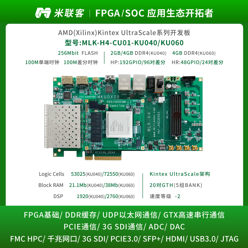 米联客MLK-H4-KU040/060 FPGA开发板Xilinx KINTEX FMC HPC扩展