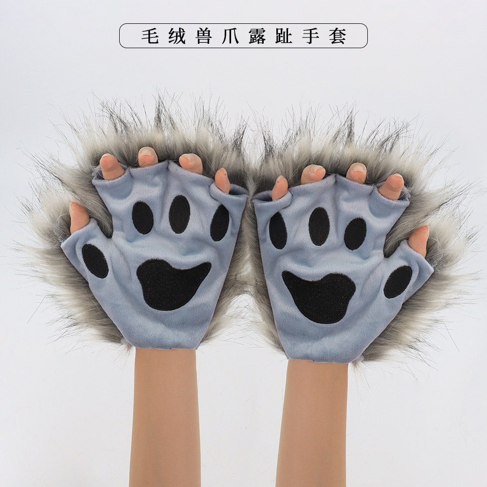 万圣节仿真兽爪配饰可爱猫爪半指手套毛绒洛丽塔直播表演道具