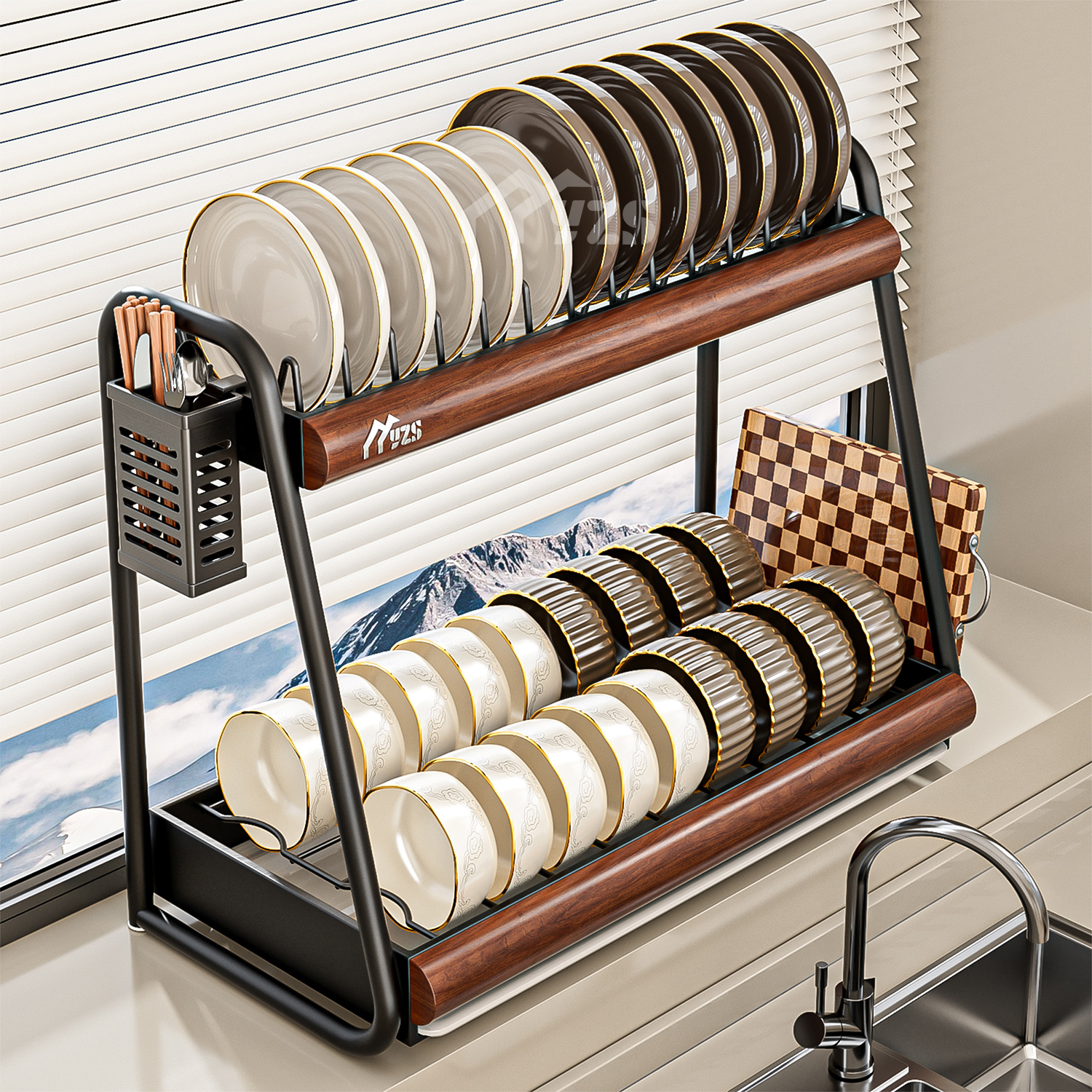 中古风碗碟收纳架厨房置物架家用双层多功能台面放碗筷盘沥水碗架