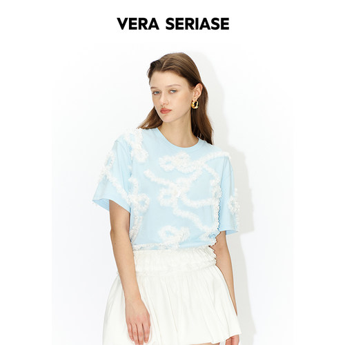 【Vera Seriase设计师品牌】2026春季新款时尚蓝色圆领短袖T恤