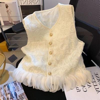 夏款独特小香风亮片刺绣背心衬衫女百搭立体花瓣拼接无袖小马甲