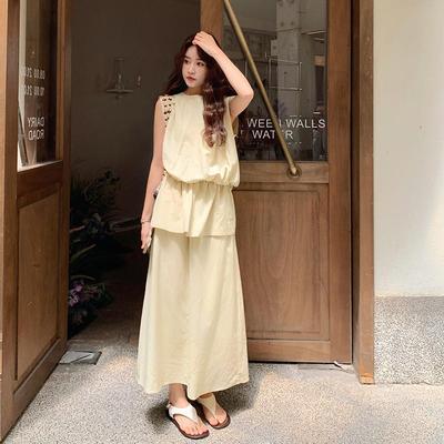 实拍奶黄色法式背心拼接半身裙套装新款女夏季韩系慵懒chic一整套