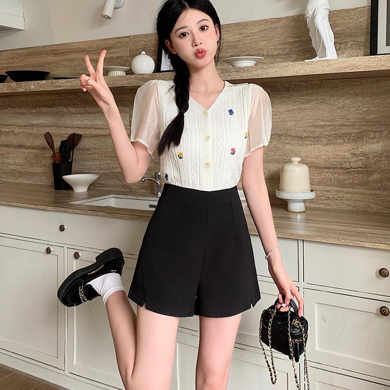 新款西装短裤夏季女胖mm外穿宽松显瘦阔腿高腰开叉a字短裤大码潮