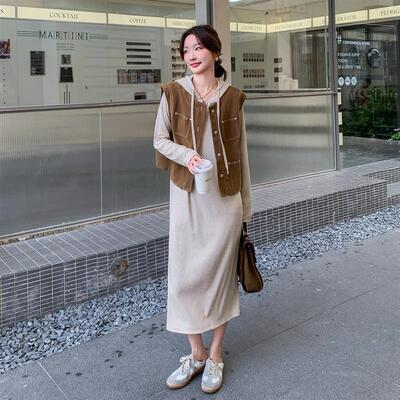 实拍工装马甲连帽卫衣连衣裙套装女春秋2025新款韩系长裙两件套裙