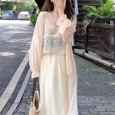 镂空流苏吊带背心女装夏季防晒衫套装2025年新款长袖半身裙三件套
