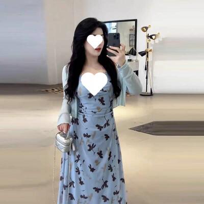 大码外穿碎花吊带连衣裙套装女夏季胖温柔风防晒开衫长裙两件套