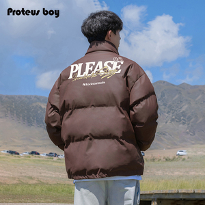 ProteusBoy棉服男冬季美式潮牌字母PU皮羽绒棉保暖立领面包服外套