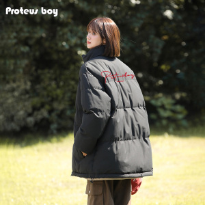 ProteusBoy棉衣男冬季2025新款美式纯色字母保暖立领面包服厚外套