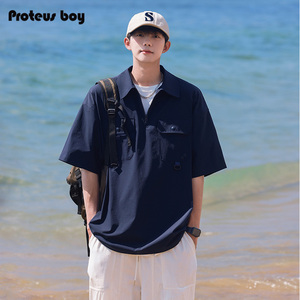 ProteusBoy短袖衬衫男夏季复古工装冰丝凉感速干拉链翻领衬衣外套