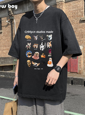 ProteusBoy 美式渐变爱宠犬系列印花圆领透气纯棉短袖t恤 T77025