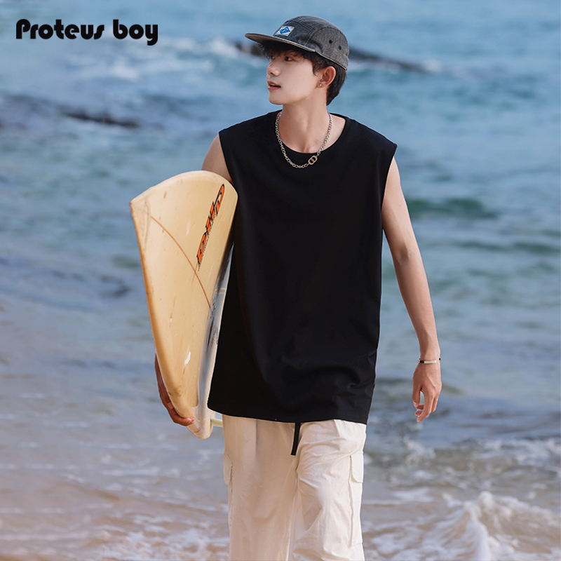 ProteusBoy背心款夏季男士日系圆领纯棉透气运动坎肩上衣无袖t恤T