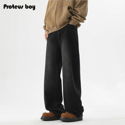 ProteusBoy牛仔裤男款春秋冬季美式复古磨白加绒厚直筒宽松休闲裤