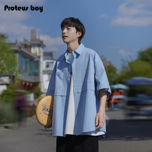 短袖衬衫男夏季2023新款男士工装宽松七分袖休闲半袖寸衣外搭外套