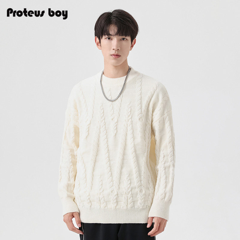 ProteusBoy毛衣男秋冬季男生日系提花内搭长袖圆领保暖加绒针织衫