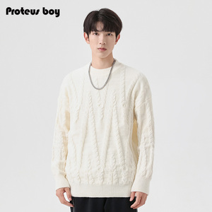 ProteusBoy毛衣男秋冬季男生日系提花内搭长袖圆领保暖加绒针织衫