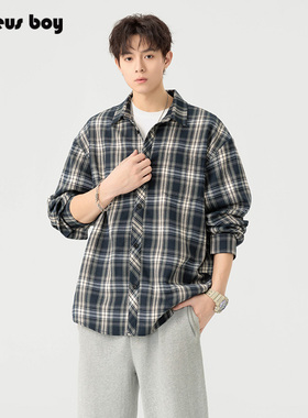 ProteusBoy 美式复古休闲拼色格纹内搭外套翻领中性长袖衬衫 4506