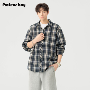 ProteusBoy 美式复古休闲拼色格纹内搭外套翻领中性长袖衬衫 4506