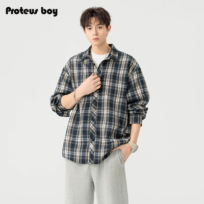 ProteusBoy 美式复古休闲拼色格纹内搭外套翻领中性长袖衬衫 4506