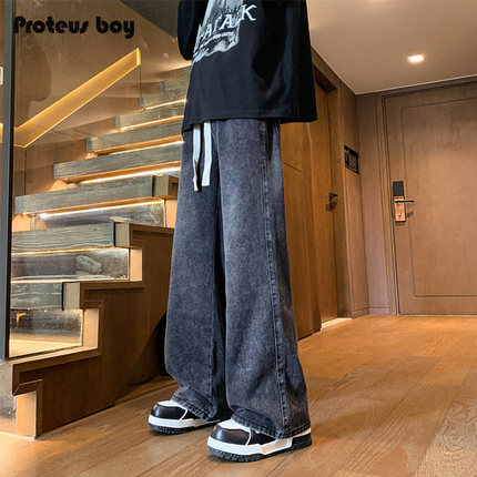 ProteusBoy牛仔裤男款春秋冬季美式复古直筒宽松微喇叭加绒休闲裤