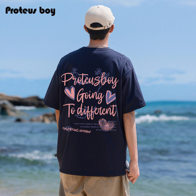 ProteusBoy短袖t恤男款夏季美式复古手绘字母情侣上衣圆领半袖潮T