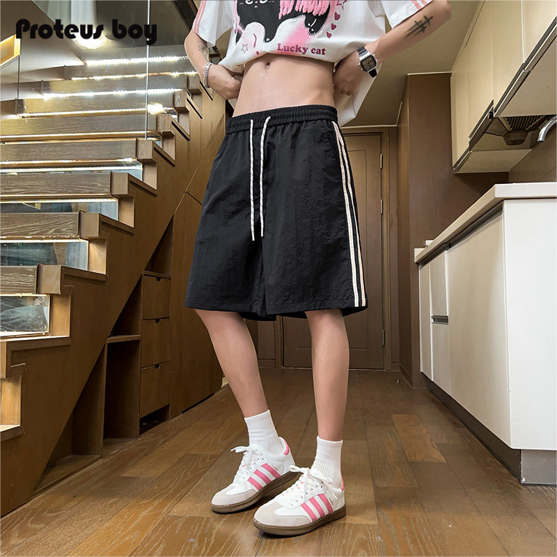 ProteusBoy 多巴胺双杠条纹冰丝凉感户外运动直筒抽绳休闲短裤 31