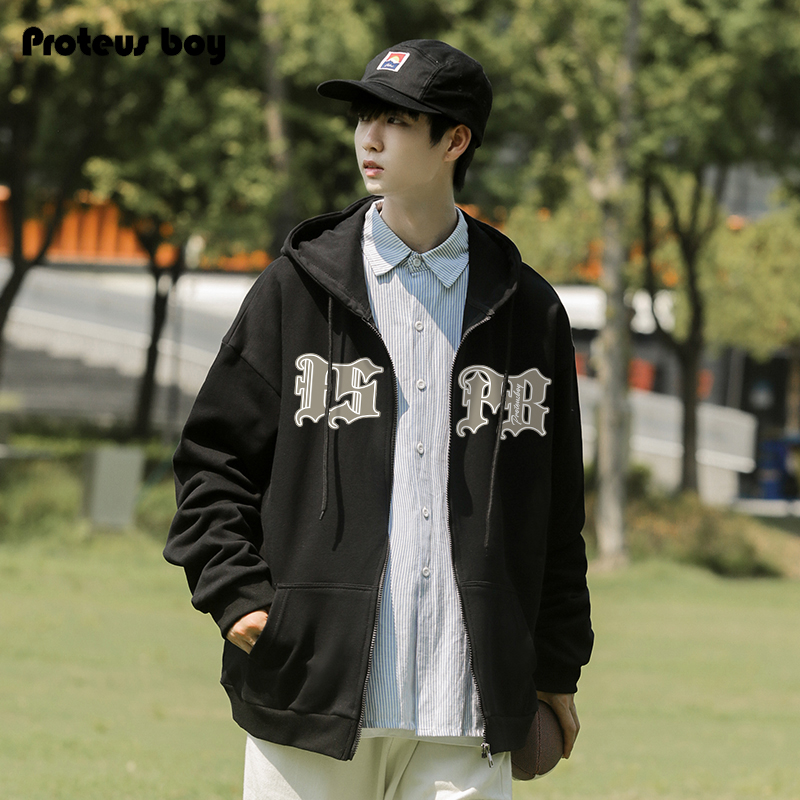 开衫卫衣男连帽春秋季美式字母男生冬款加绒宽松男士拉链长袖外套