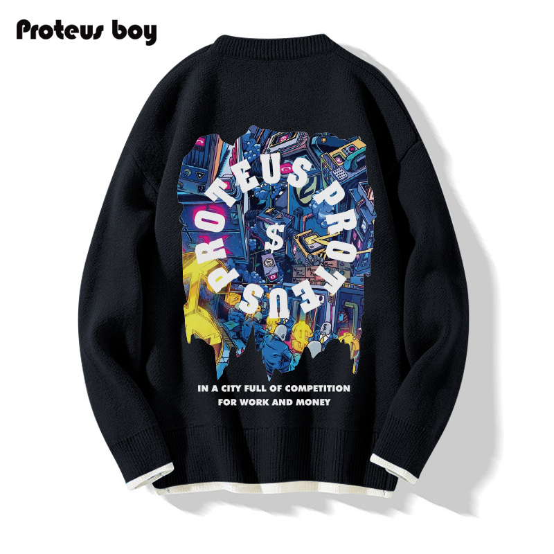 动漫印花宽松圆领休闲长袖毛衣