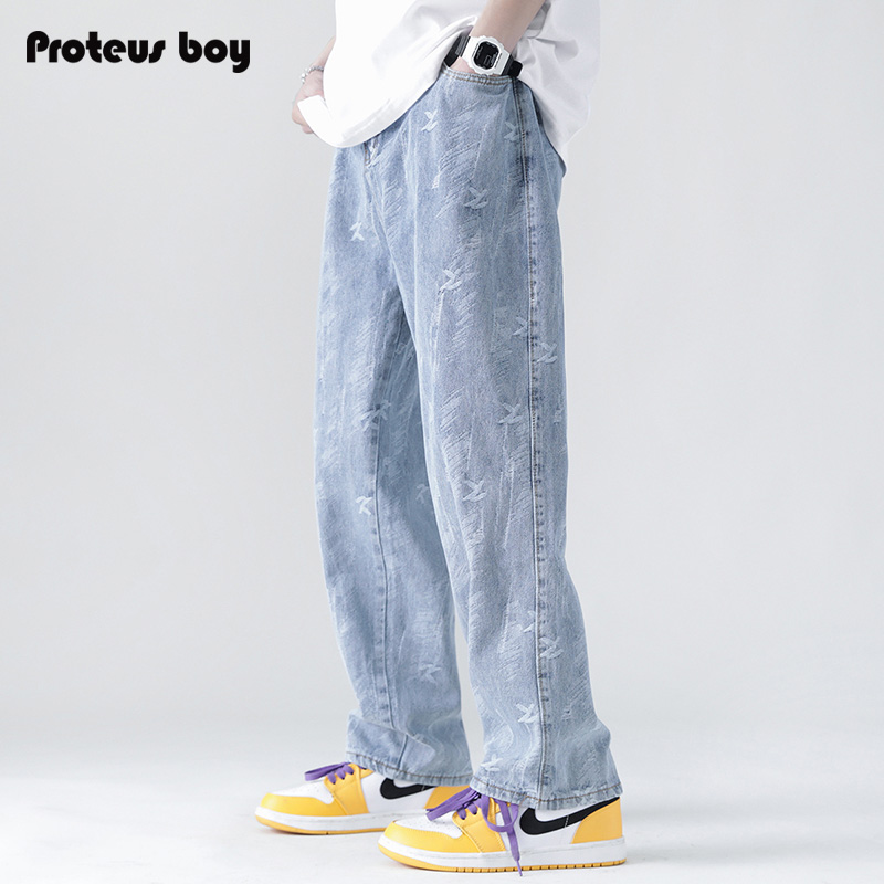 ProteusBoy牛仔裤男春秋季阔腿直筒飞鸟满印新款宽松男士长裤子潮