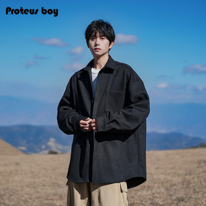 ProteusBoy 美式复古麂皮绒休闲口袋外套纽扣翻领宽松长袖衬衫 36