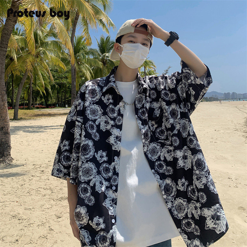 短袖衬衫男夏季2024新款日系夏威夷沙滩无性别宽松休闲花寸衣外套