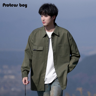 衬衫 ProteusBoy 长袖 复古潮流百搭休闲外套口袋翻领工装 2503 美式