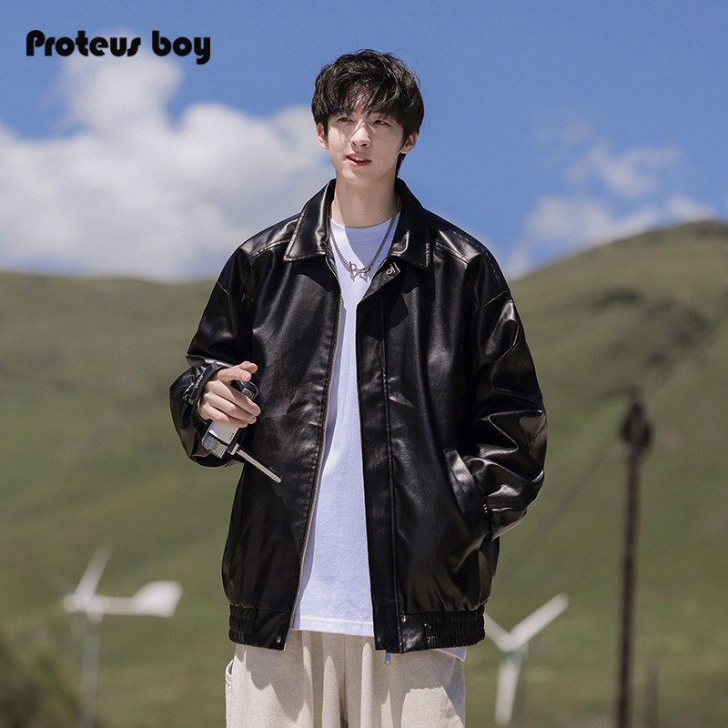 ProteusBoy 美式机车街头水洗PU皮加绒厚保暖翻领皮衣棉服外套 1A