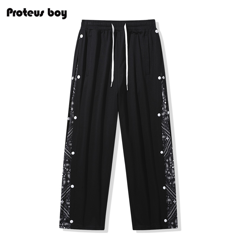 Proteus Boy腰果花排扣拼接宽松直筒松紧系带休闲长裤 男女同款潮在类目 男装, 休闲裤中 - 来自Buy2taobao.com提供专业的淘宝代购服务