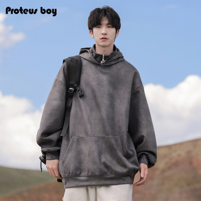 ProteusBoy 美式复古麂皮绒户外运动休闲内搭长袖高领连帽卫衣 76