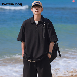 ProteusBoy短袖t恤男款夏季男士冰丝速干polo领休闲短裤运动套装T