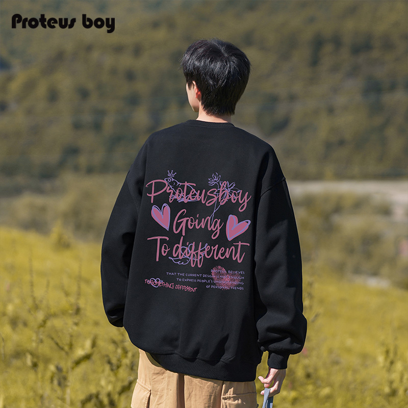 ProteusBoy卫衣男春秋冬季男生美式字母圆领内搭无帽加绒休闲长袖